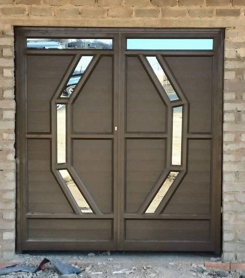 Double door with angular glass cut-outs